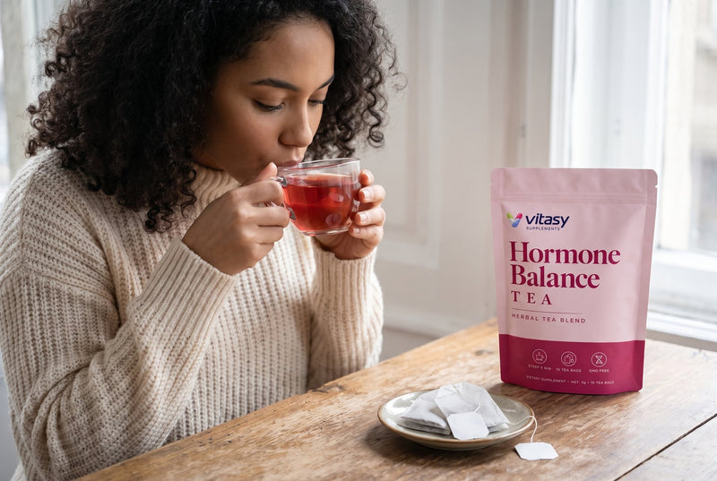 Woman sipping herbal tea at a table next to the Vitasy pouch