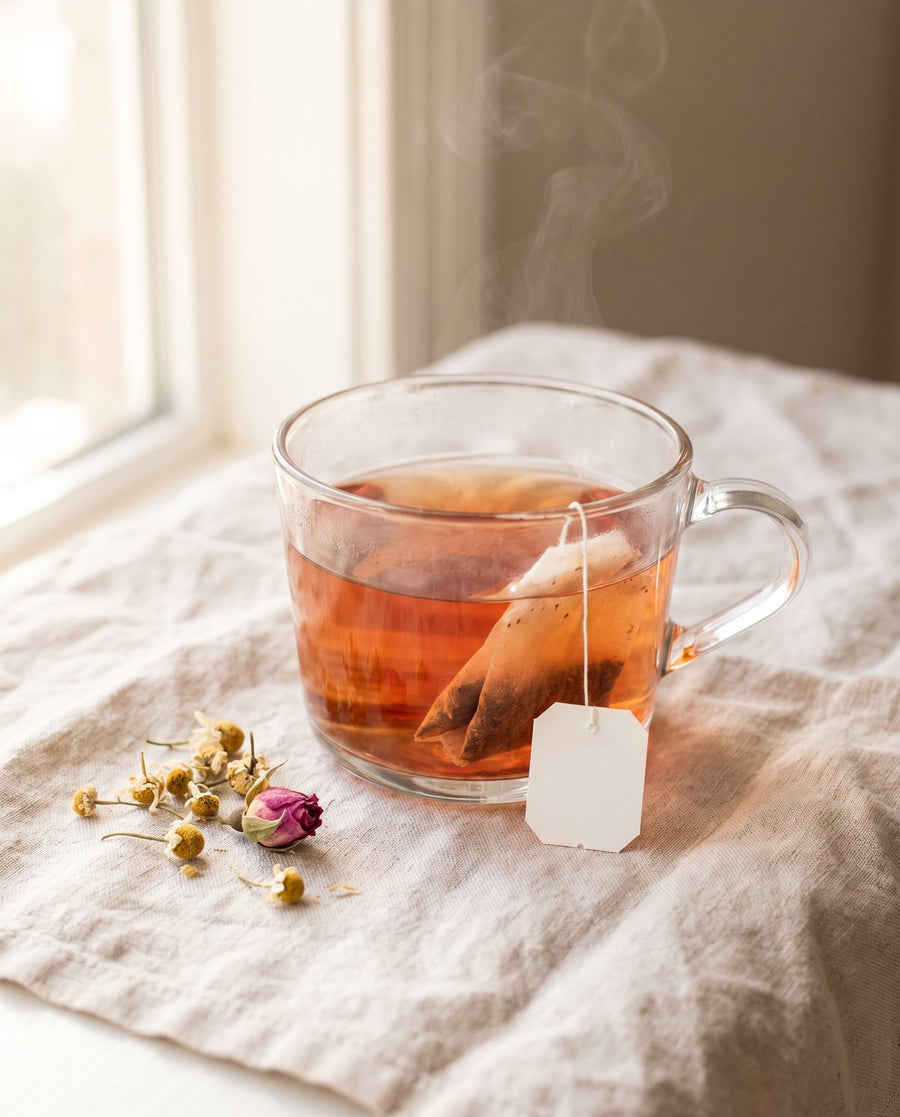 Tea bag steeping in a glass cup