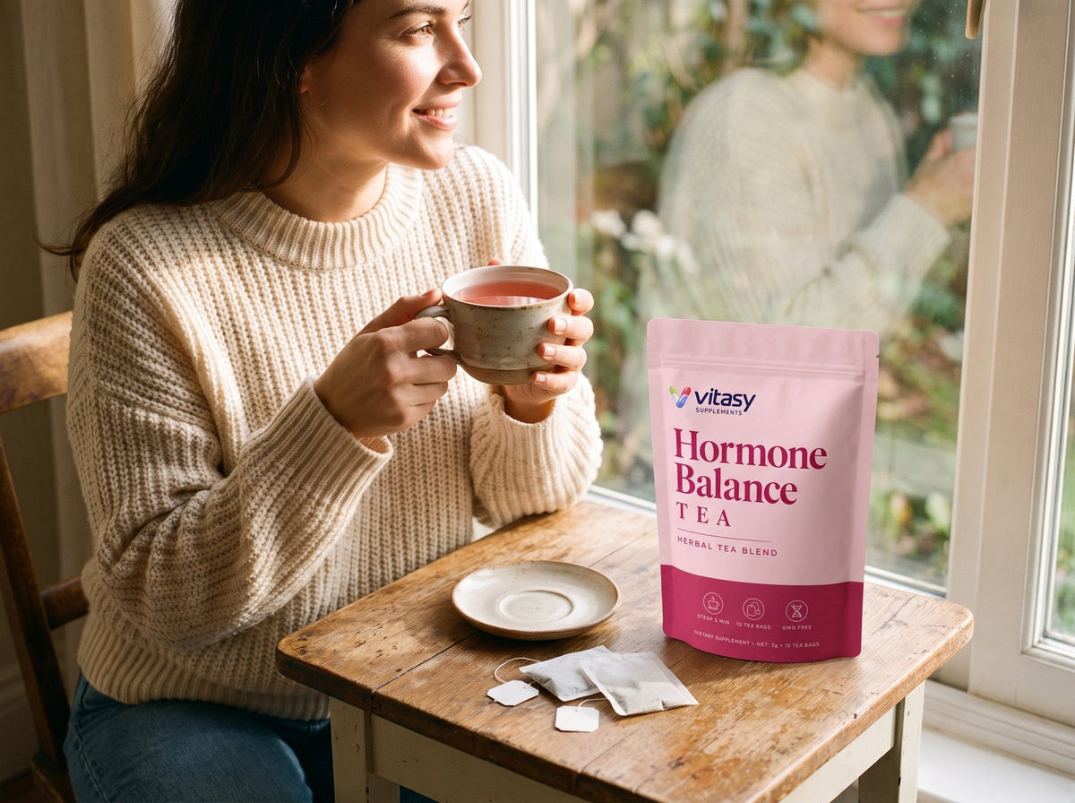 Woman enjoying a cup of herbal tea by the window next to the Vitasy Hormone Balance Tea pouch