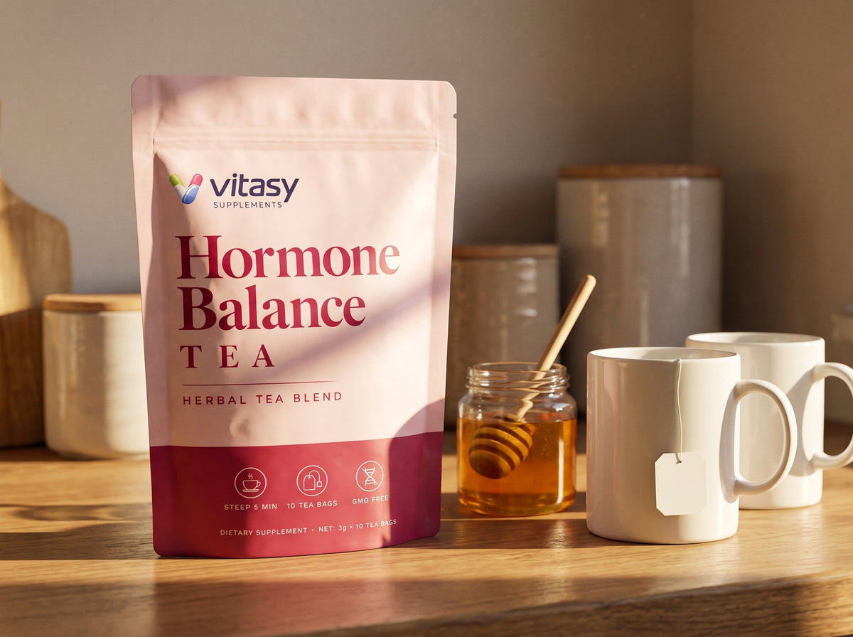 Vitasy Hormone Balance Tea pouch on a kitchen counter with honey and mugs