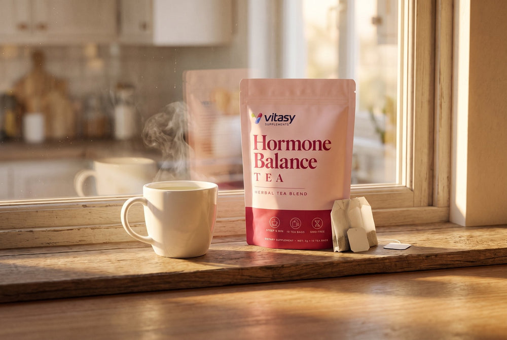 Vitasy Hormone Balance Tea pouch and a cup of tea on a sunny windowsill