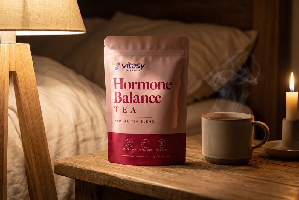 Vitasy Hormone Balance Tea pouch on a bedside table with a mug of tea in the evening
