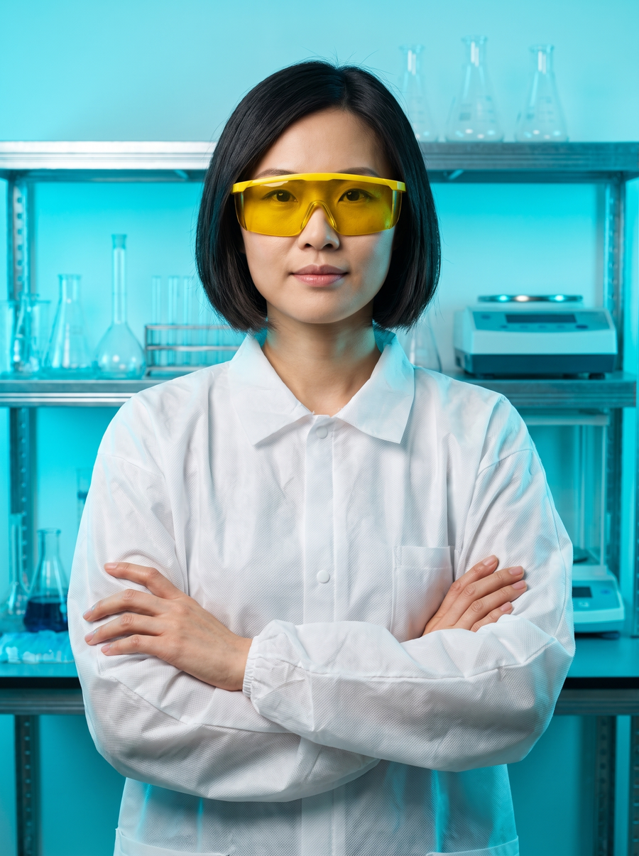 Vitasy expert portrait in cyan laboratory with yellow safety glasses