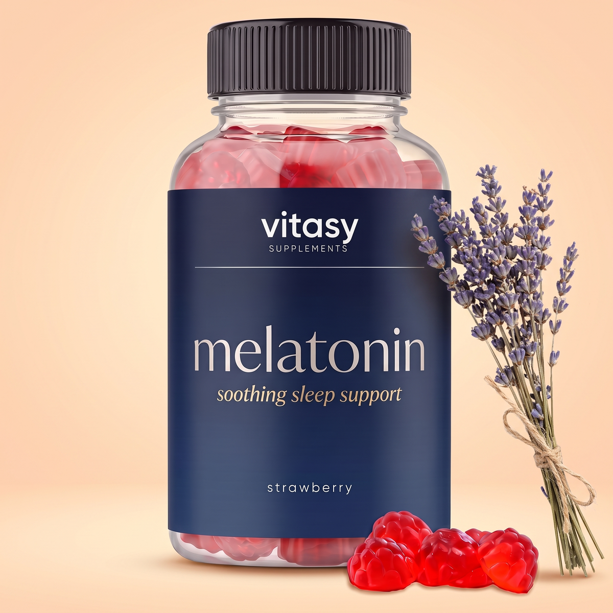 Melatonin Gummies v9 Strawberry bottle with raspberry gummies and lavender