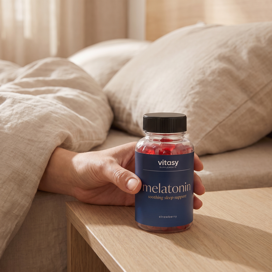 Melatonin Gummies v9 Strawberry bedside hand from under duvet