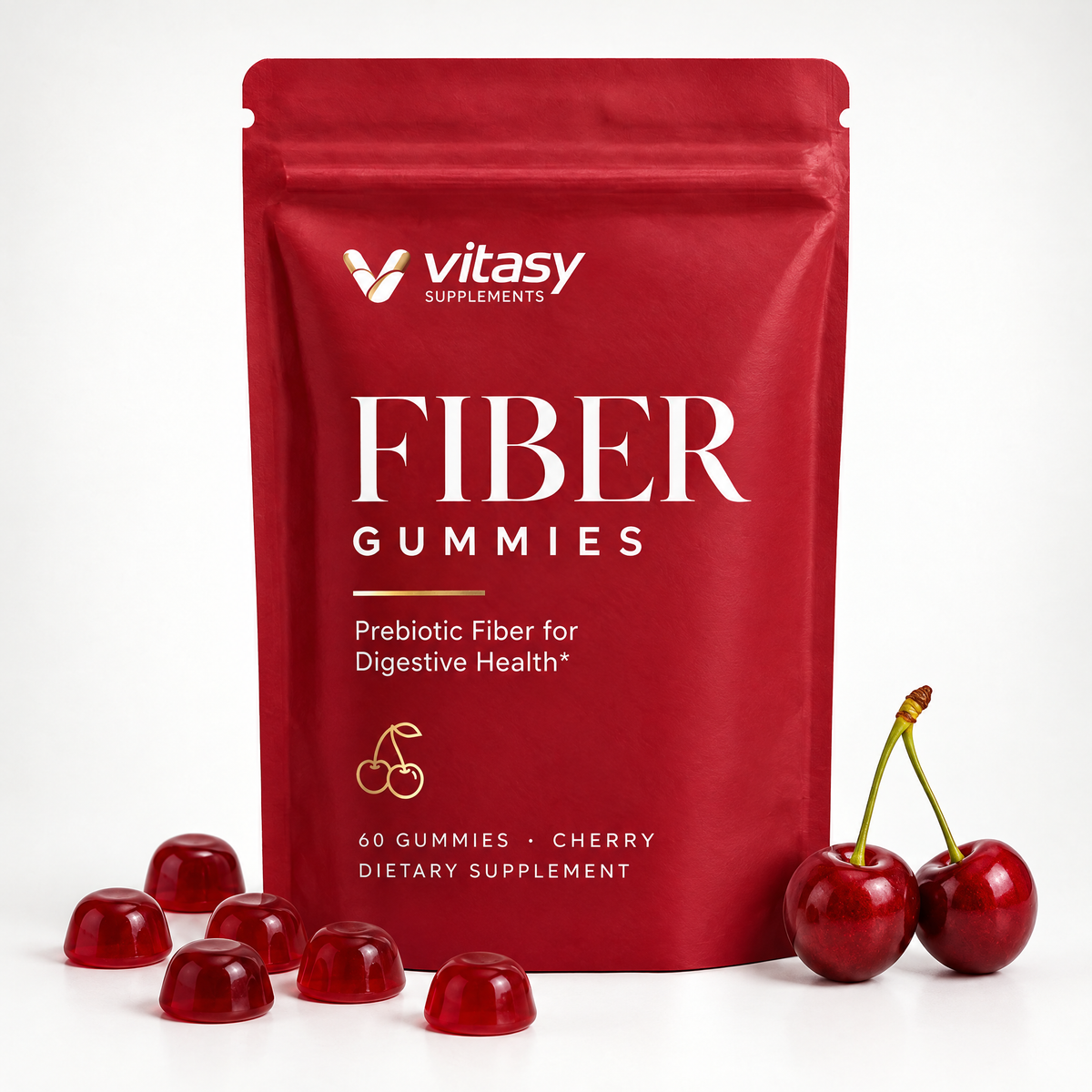 Fiber Gummies Cherry pouch packshot on white with cherries and gummies