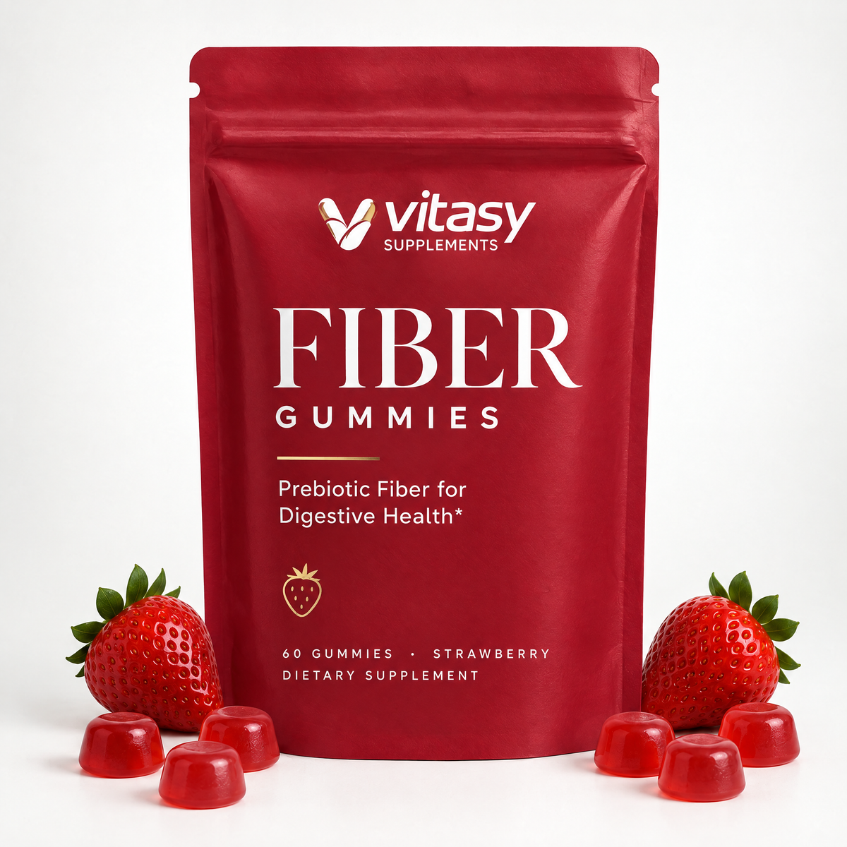 Fiber Gummies Strawberry pouch packshot on white with strawberries and gummies
