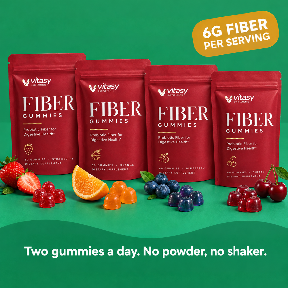 All four Fiber Gummies flavours together: Strawberry, Orange, Blueberry and Cherry. 6g fiber per serving. Two gummies a day, no powder, no shaker