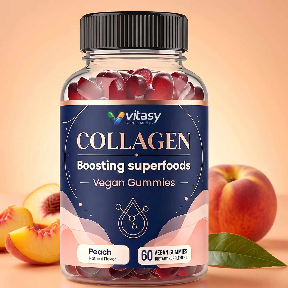 Collagen Gummies Instead of a Collagen Powder or Pill - Hydrolyzed Collagen, Vitamin C & Biotin - 60 Peach Gummies, 30 Servings