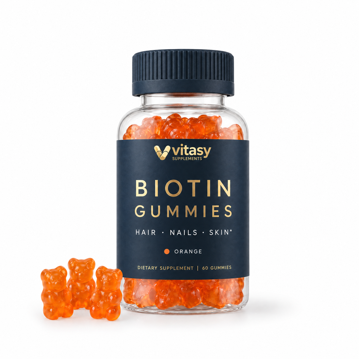 Vitasy Biotin Gummies Orange, navy bottle with gold foil label, 60 gummies, on white