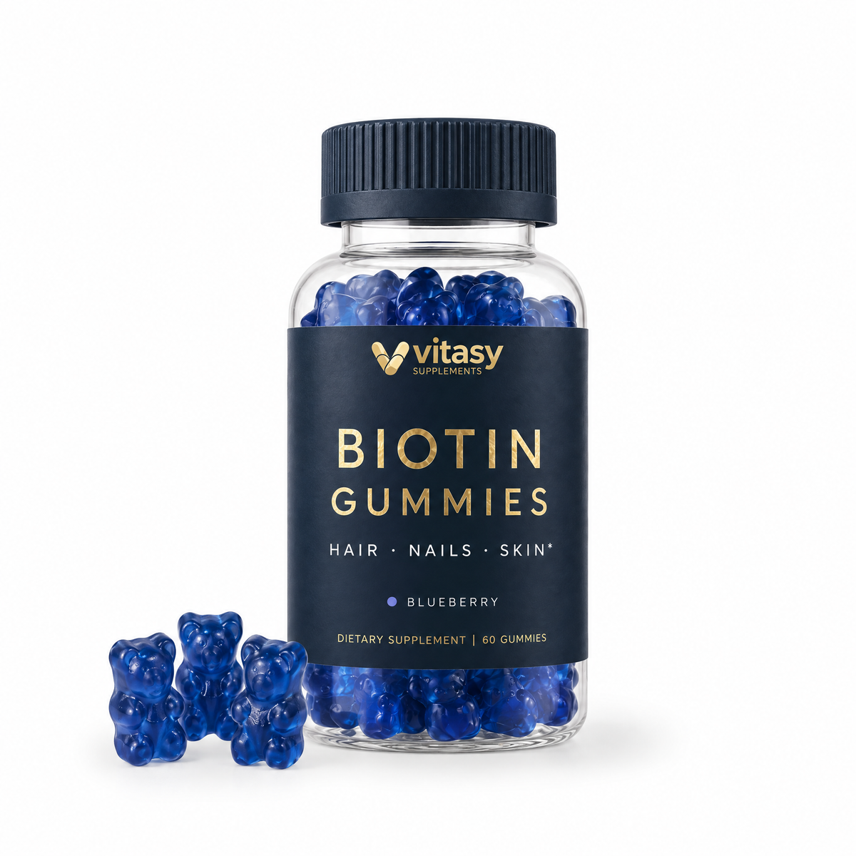 Vitasy Biotin Gummies Blueberry, navy bottle with gold foil label, 60 gummies, on white
