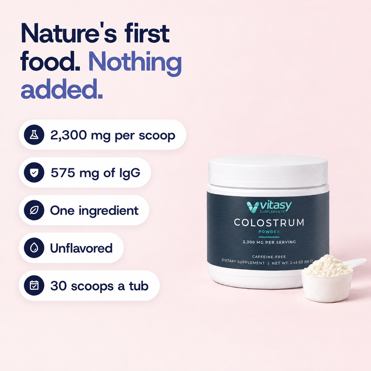 Nature's first food, nothing added: 2,300 mg colostrum and 575 mg IgG per scoop, one ingredient, unflavored, 30 scoops a tub