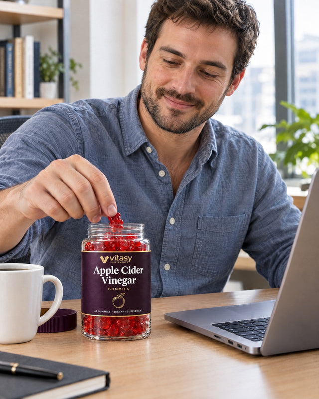 Man at his office desk with the Vitasy jar next to his laptop