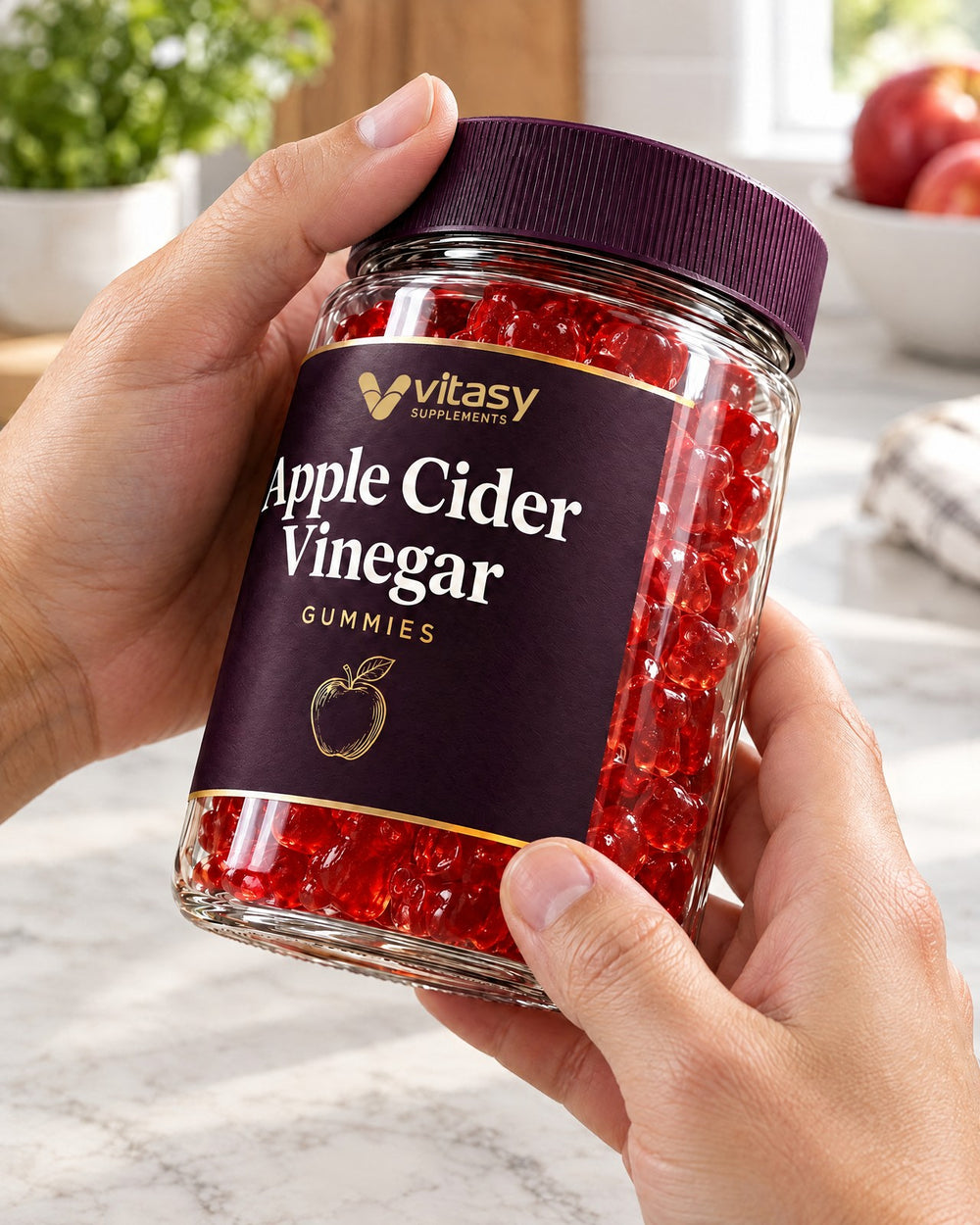 Hand turning the Vitasy jar to read the Supplement Facts on the back label