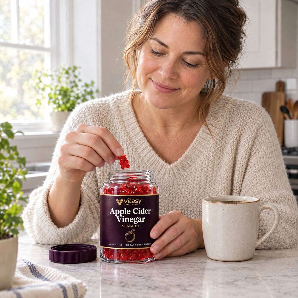 Woman taking a red gummy from the Vitasy jar at her kitchen counter
