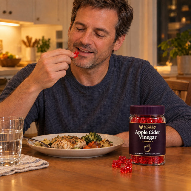 Man at his kitchen table at dinner with the Vitasy jar next to his plate