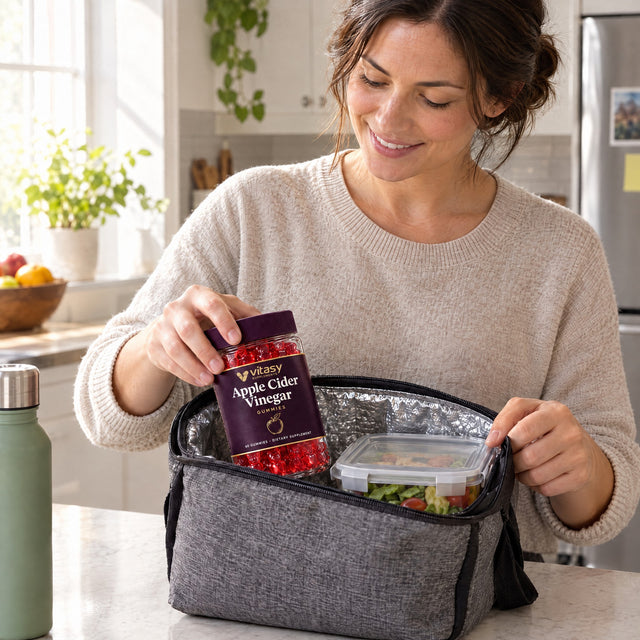 Woman packing a lunch bag with the Vitasy jar