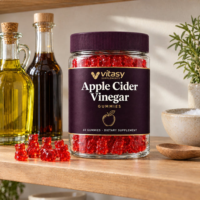 Vitasy jar on a kitchen shelf next to bottles of oil and vinegar