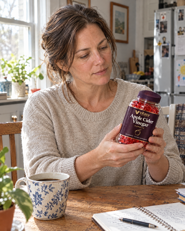 Woman at her kitchen table with the Vitasy jar