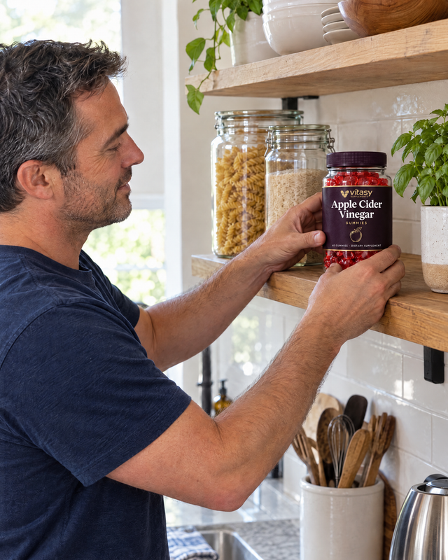 Man putting the Vitasy jar back on an open kitchen shelf