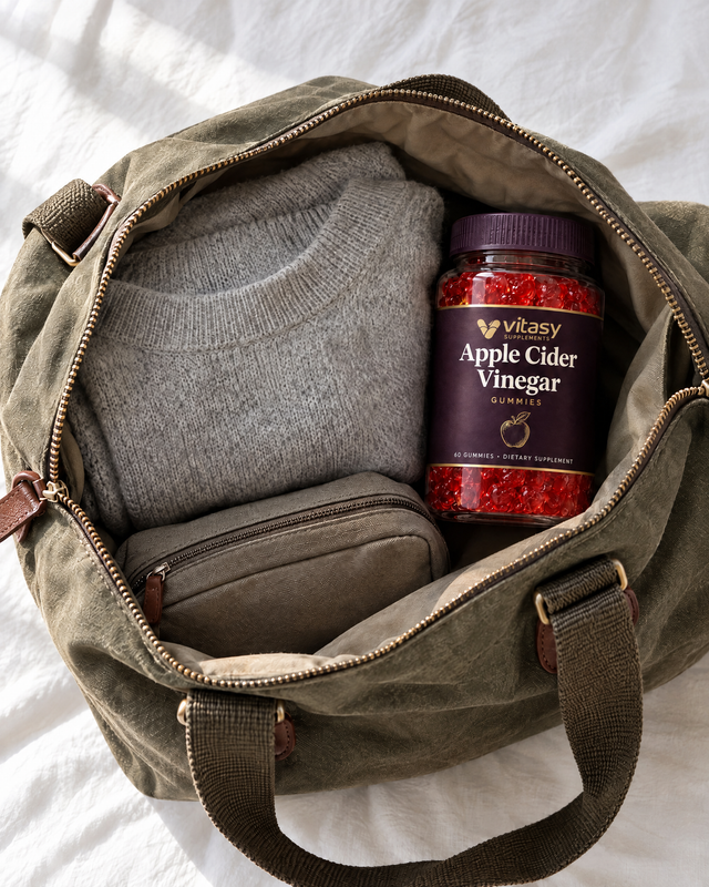 The Vitasy jar in an open weekend bag next to a toiletry pouch