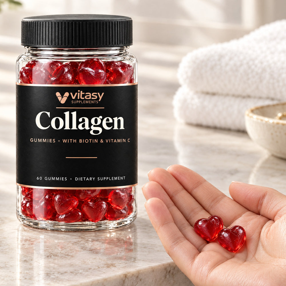 Vitasy Biotin & Collagen Gummies jar on a marble bathroom sink, two ruby-red heart gummies in an open hand
