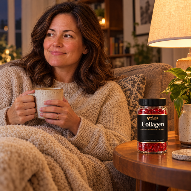 Woman relaxing on her sofa in the evening with the Vitasy jar
