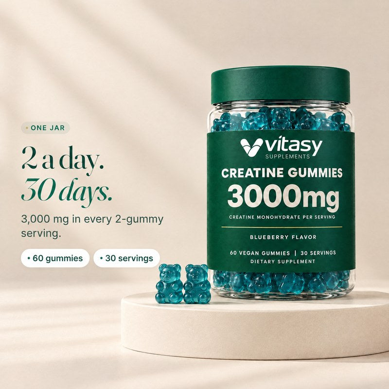 Vitasy Creatine Gummies jar with two gummies, 3,000 mg per 2-gummy serving
