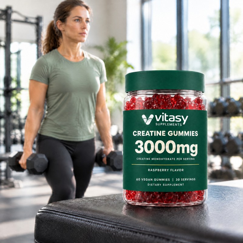 Woman doing lunges with dumbbells behind a jar of Vitasy Creatine Gummies