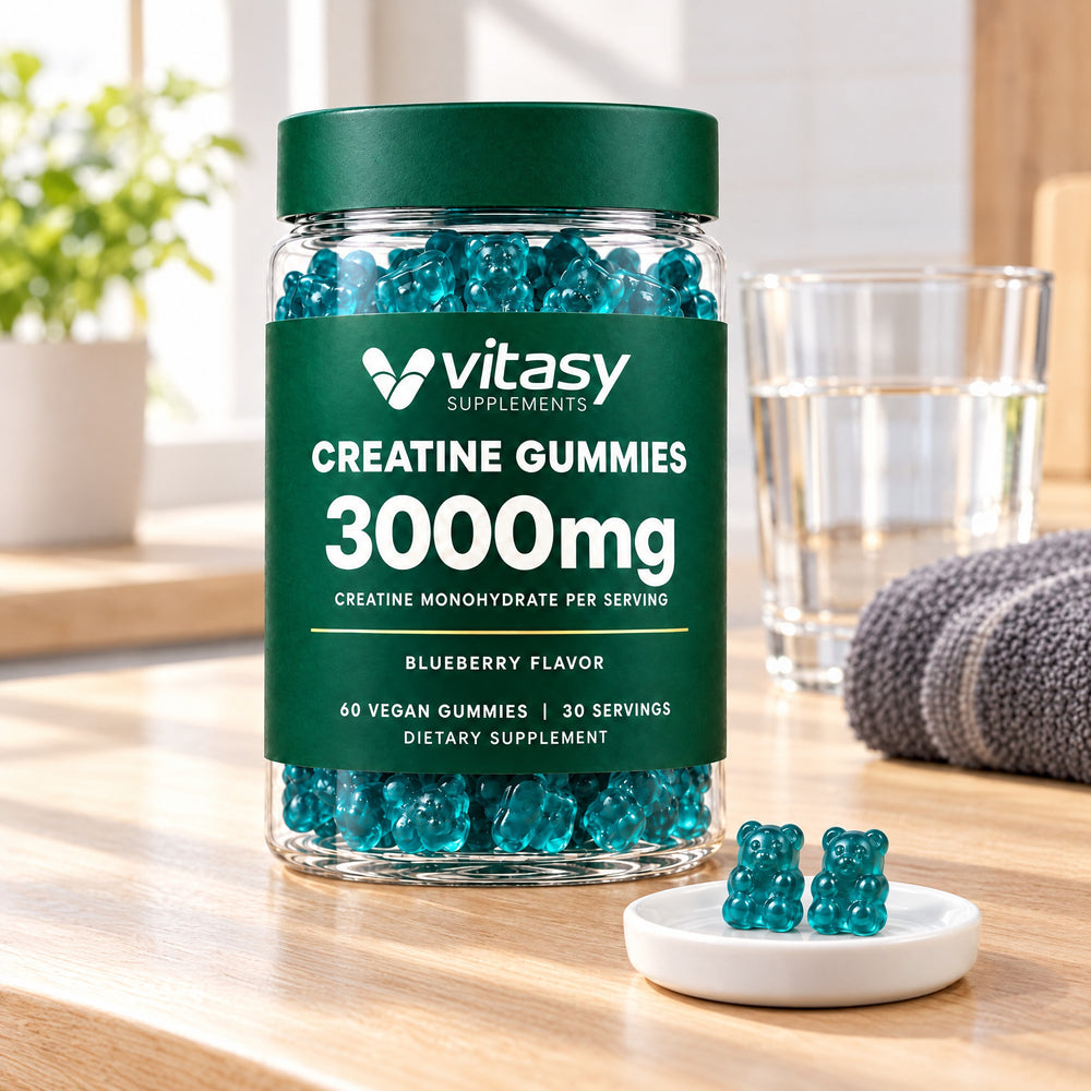 Vitasy Creatine Gummies jar, blueberry flavor, with two gummies on a small dish: one daily serving of 3,000 mg creatine monohydrate