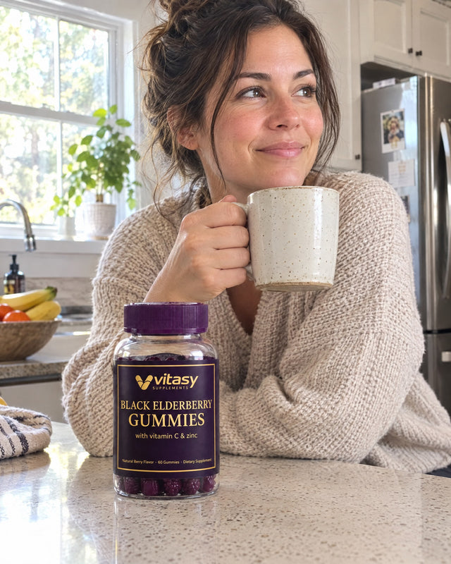 Woman at her kitchen counter in the morning with the Vitasy elderberry jar
