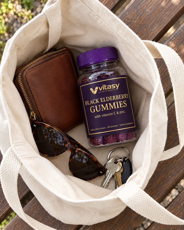 The Vitasy elderberry jar in an open tote bag