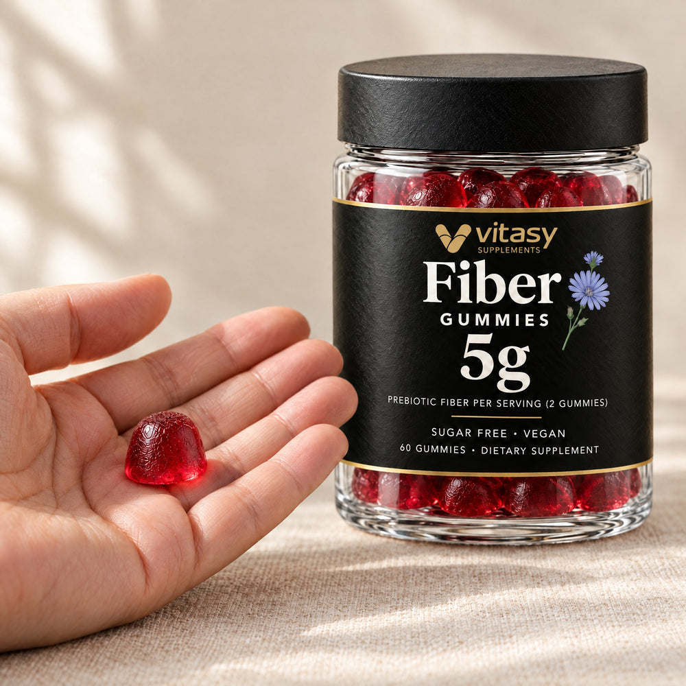 One fiber gummy in an open hand next to the Vitasy jar