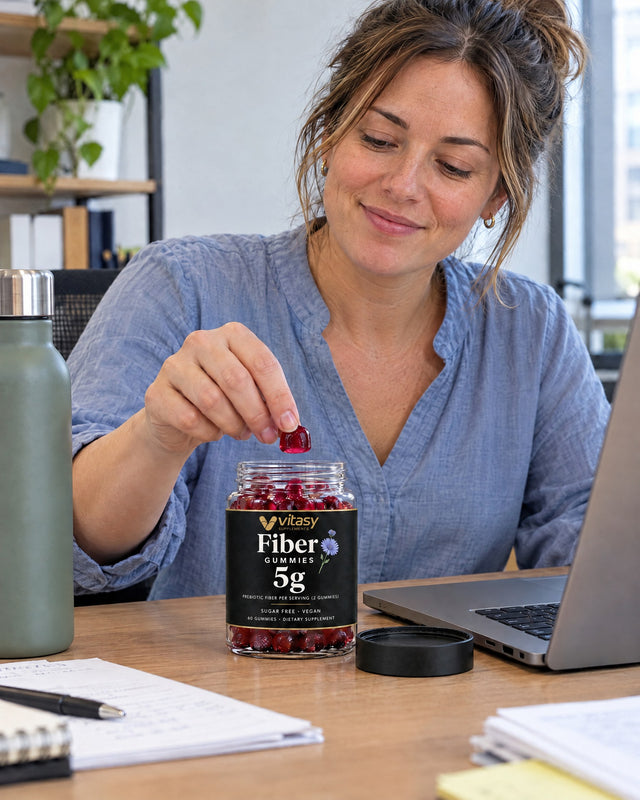 Woman at her desk taking a gummy from the Vitasy jar