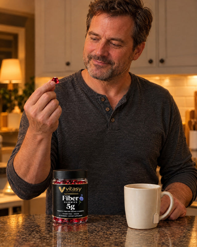 Man in the kitchen in the evening with the Vitasy jar