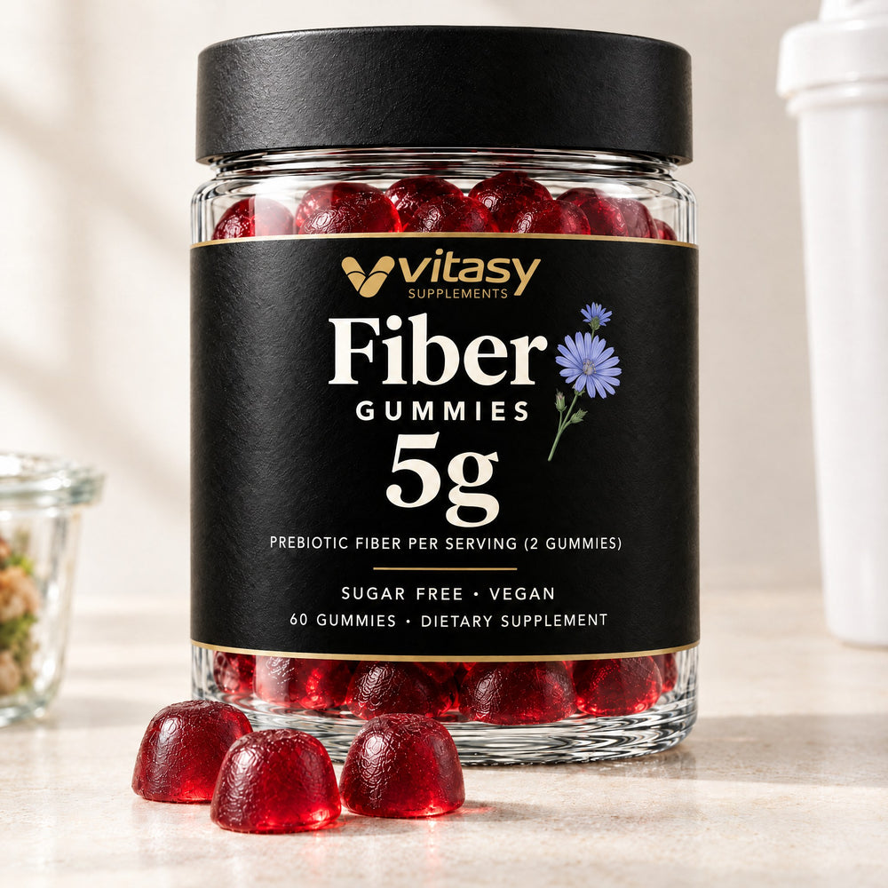 Vitasy Fiber Gummies jar next to a protein shaker