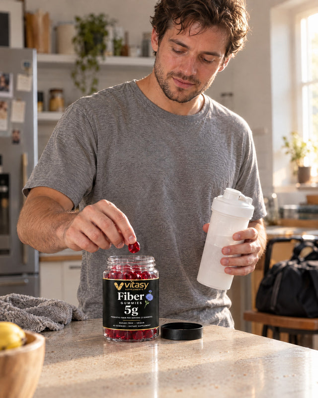 Man taking a fiber gummy next to his post-workout shake