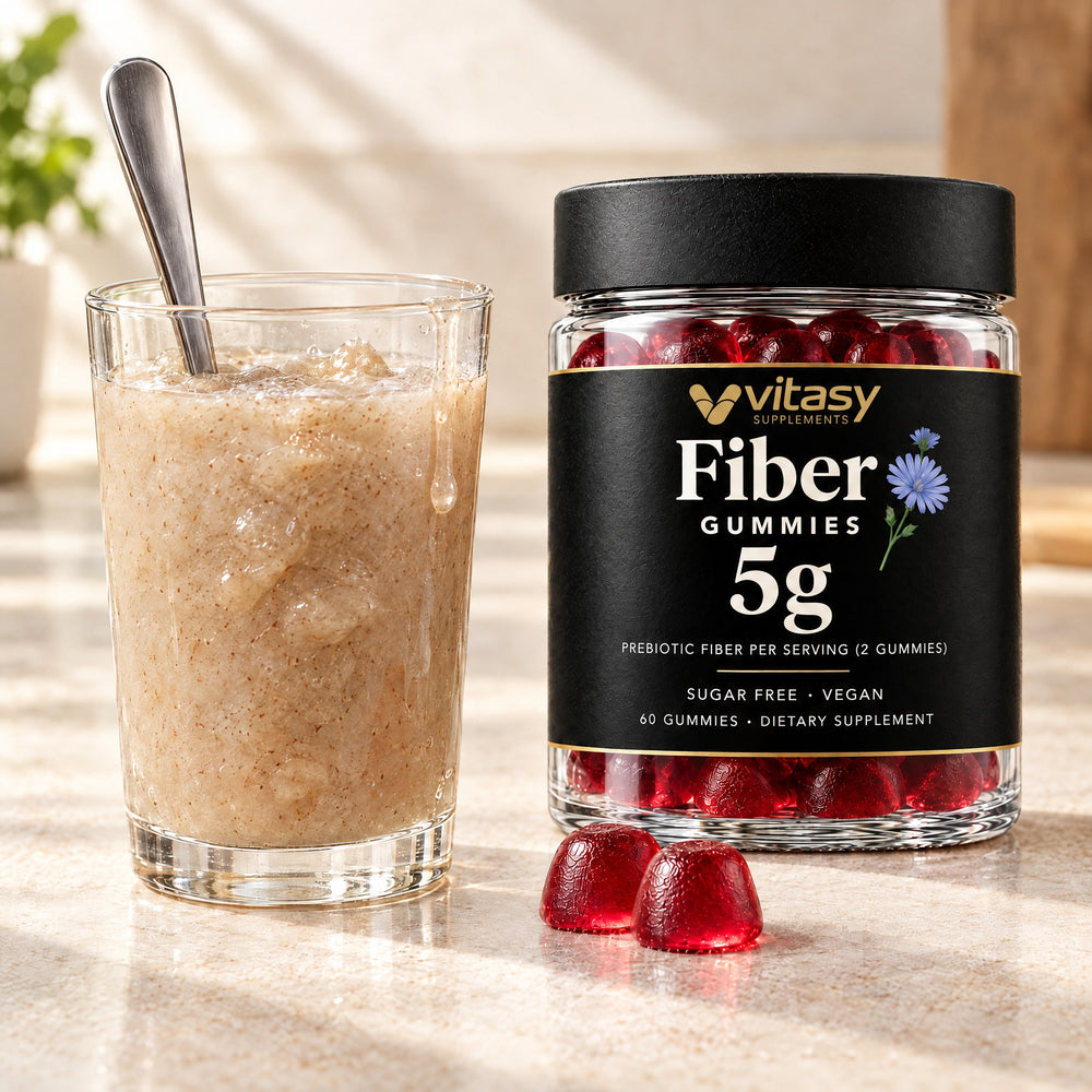 Glass of thickened fiber powder with a spoon next to the Vitasy Fiber Gummies jar and 2 gummies