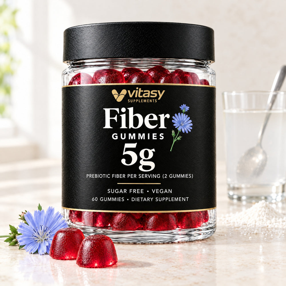 Vitasy Fiber Gummies jar with two red gummies and a chicory flower, a glass of stirred-in powder out of focus behind