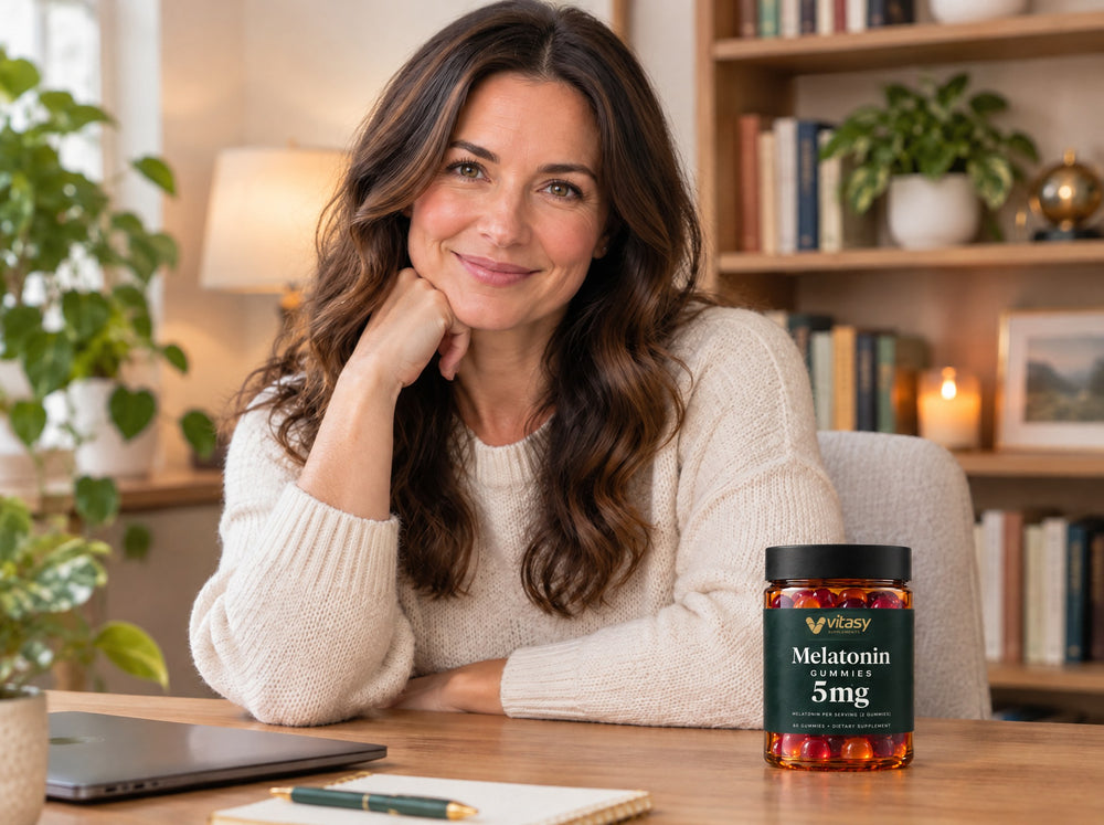 Sleep coach at her desk with a Vitasy Melatonin Gummies jar