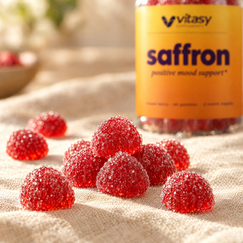Close-up of red sugar-coated Vitasy saffron gummies