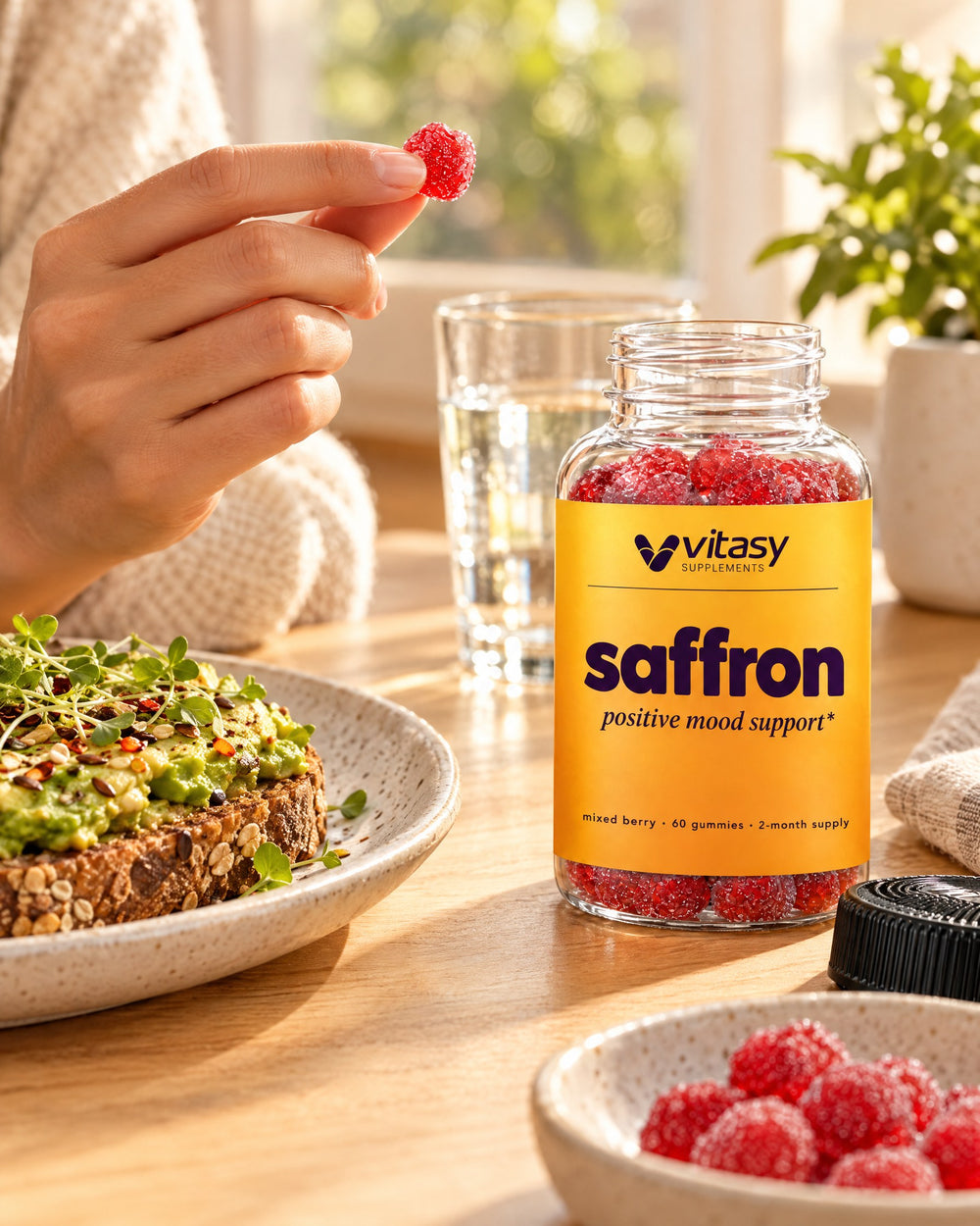 Hand holding a red saffron gummy at breakfast next to the Vitasy bottle