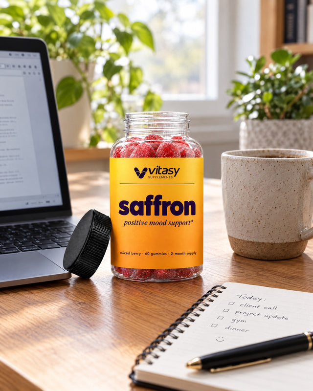The Vitasy saffron bottle on a home-office desk next to a laptop