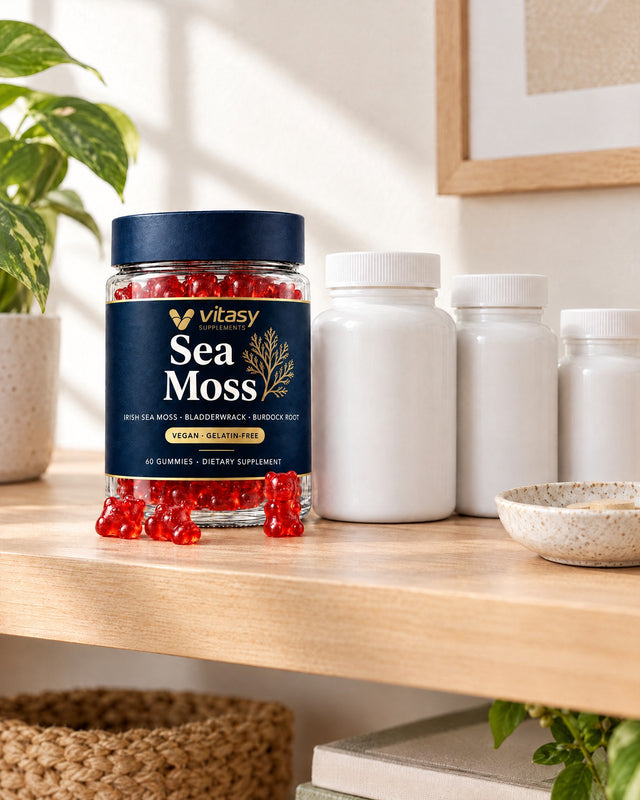 Vitasy jar on a shelf next to other vitamin bottles