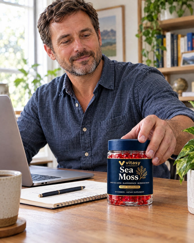 Man at his desk with the Vitasy jar