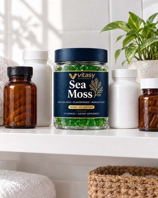 Vitasy Sea Moss jar with green gummy bears next to vitamin bottles on a shelf