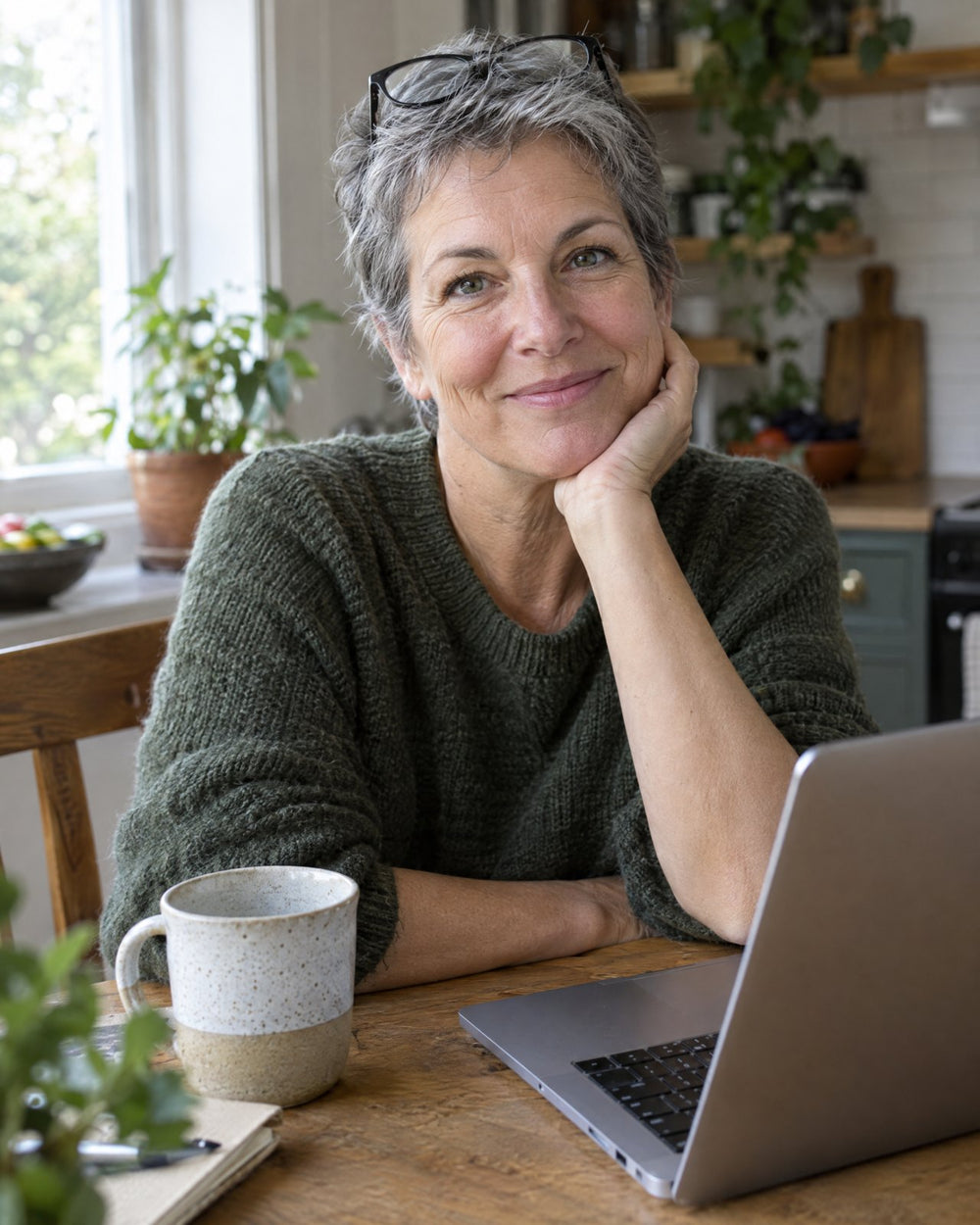 Wellness writer at her kitchen table