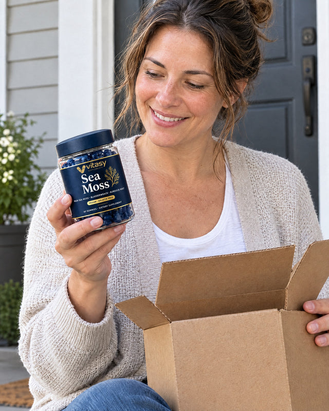 Woman on her front step holding the Vitasy jar from her delivery