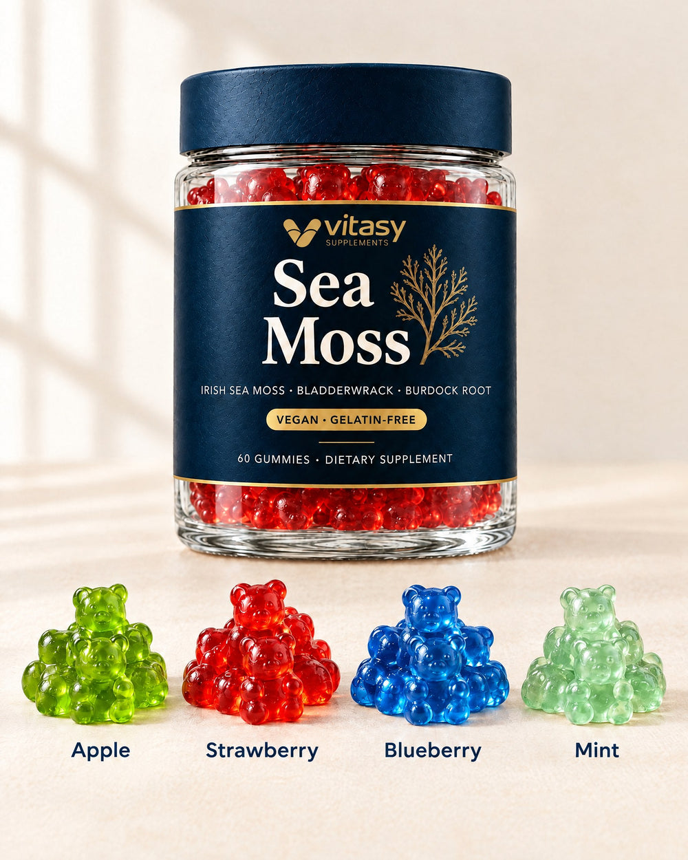 Four flavors of Vitasy Sea Moss Gummies: Apple, Strawberry, Blueberry and Mint
