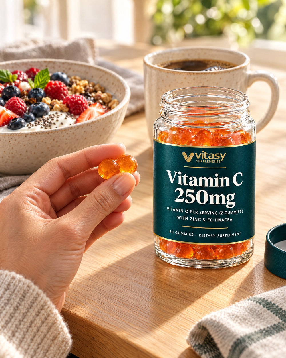 Hand holding an orange gummy at breakfast next to the Vitasy jar, with coffee and a bowl of fruit and yogurt